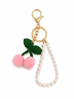 Princess Accessories Gold Pearl Wristlet Keychain with Pink Pom Cherry Charm